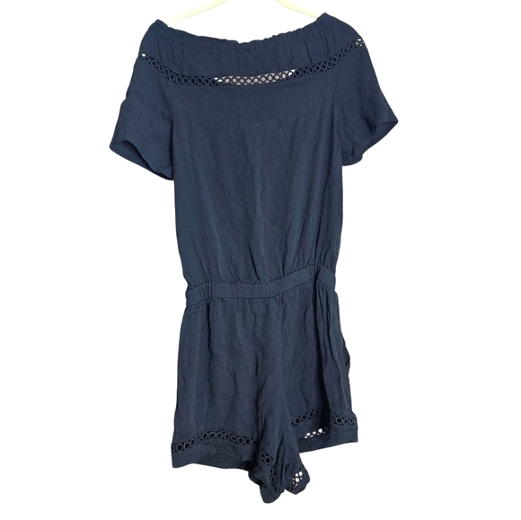 Ella Moss Off Shoulder Crochet Trim Romper Shorts Elastic Waist Black sz Small - Picture 2 of 6